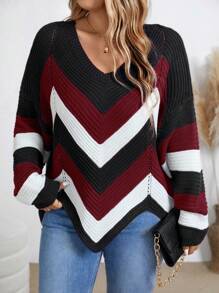 Pull surdimensionné décontracté à blocs de couleur rayés avec ourlet asymétrique, pour l'automne/l'hiver