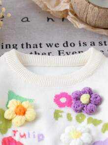 2pcs Baby Girls Winter Outfit, Cute Handmade Floral Knitted Sweater & Green Knitted Pants Set, Warm, Soft And Versatile - White - View 6