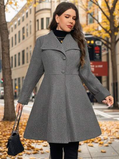 SHEIN Privé Plus Size Women's Autumn And Winter Fashion Show Dark Gray A-Line Asymmetrical Winter Woolen Coat Suitable For Simple Travel And Elegant Dating