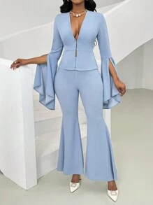 SHEIN Unity Women Fashion Elegant Commuter Style Long Sleeve V-Neck Waist Cropped Top & Full Length Trousers Suit Set - Blue - View 5