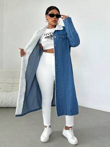 SHEIN Essnce Plus Size Denim Jacket, Casual Mid-Length Long Sleeve, Blue