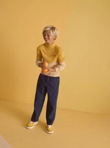 SHEIN Tween Boy 休闲松紧腰蓝色纯色口袋洗水牛仔裤，适合秋冬季 - 藍色 - 查看 7