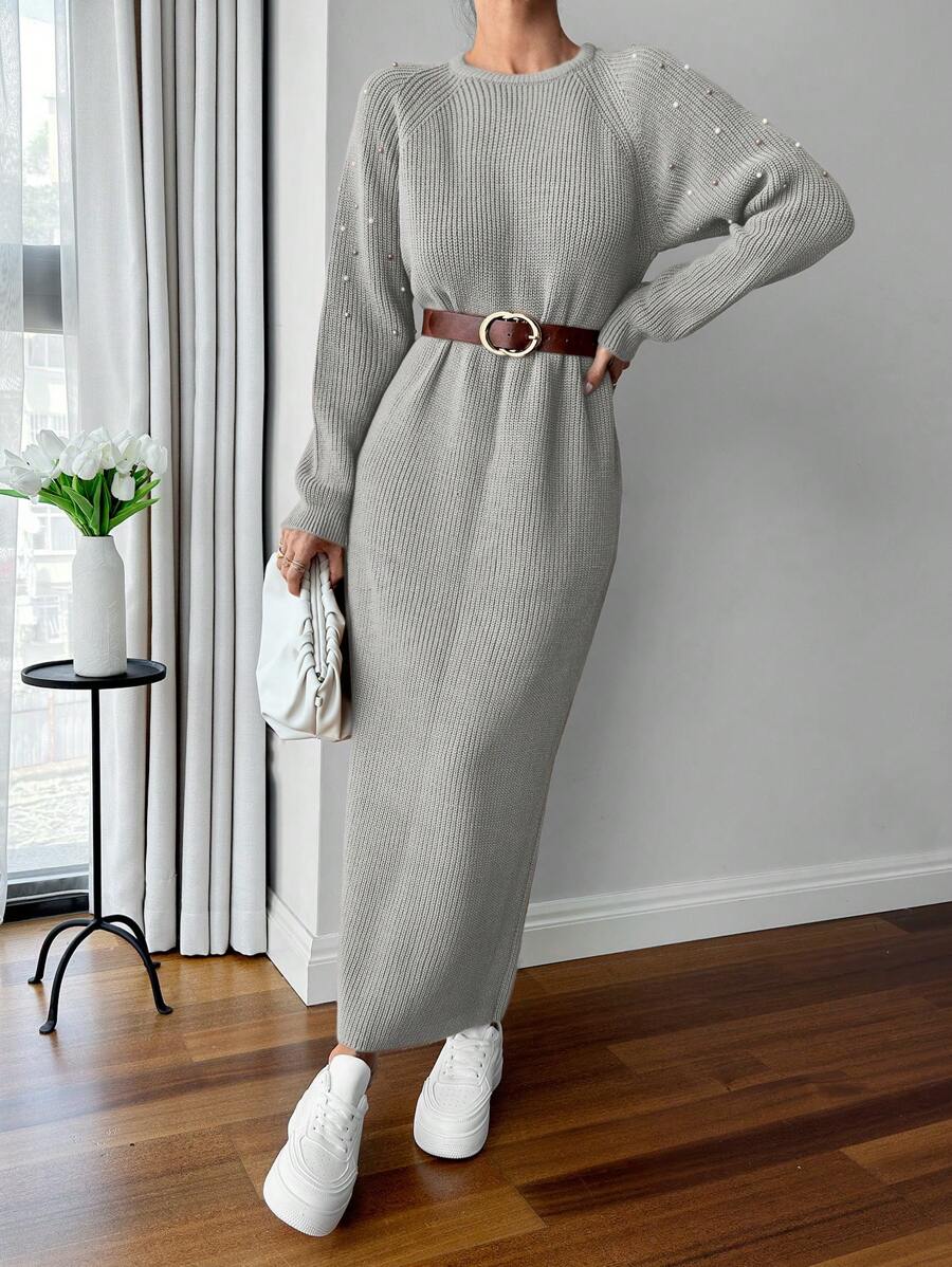 EURMUSE Round Neck Raglan Sleeve Maxi Sweater Dress With Beading - Light Grey - View 1