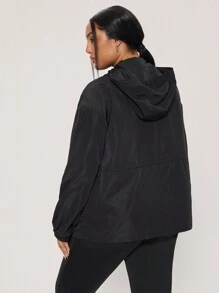 SHEIN BASICS Casual Solid Color Woven Loose Fit Hooded Plus Size Jacket - Black - View 2