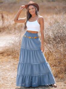 SHEIN VCAY 蓝色，纯色编织高腰宽松女士长款度假超长裙，带蕾丝，适合所有季节，秋冬，春夏 - 藍色 - 查看 6