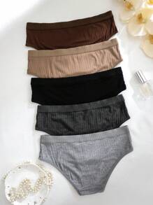 Set de 5 piezas de bragas tipo bikini acanaladas de unicolor, estilo casual
