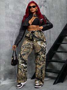 SHEIN SXY 大码女式街头风格全图案印花抽绳腰部宽松阔腿牛仔裤