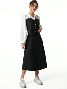 Teen Girls Long Sleeve 2 In 1 Top And Skirt Set, Suitable For Daily Commute, Casual, School And Parties, Autumn