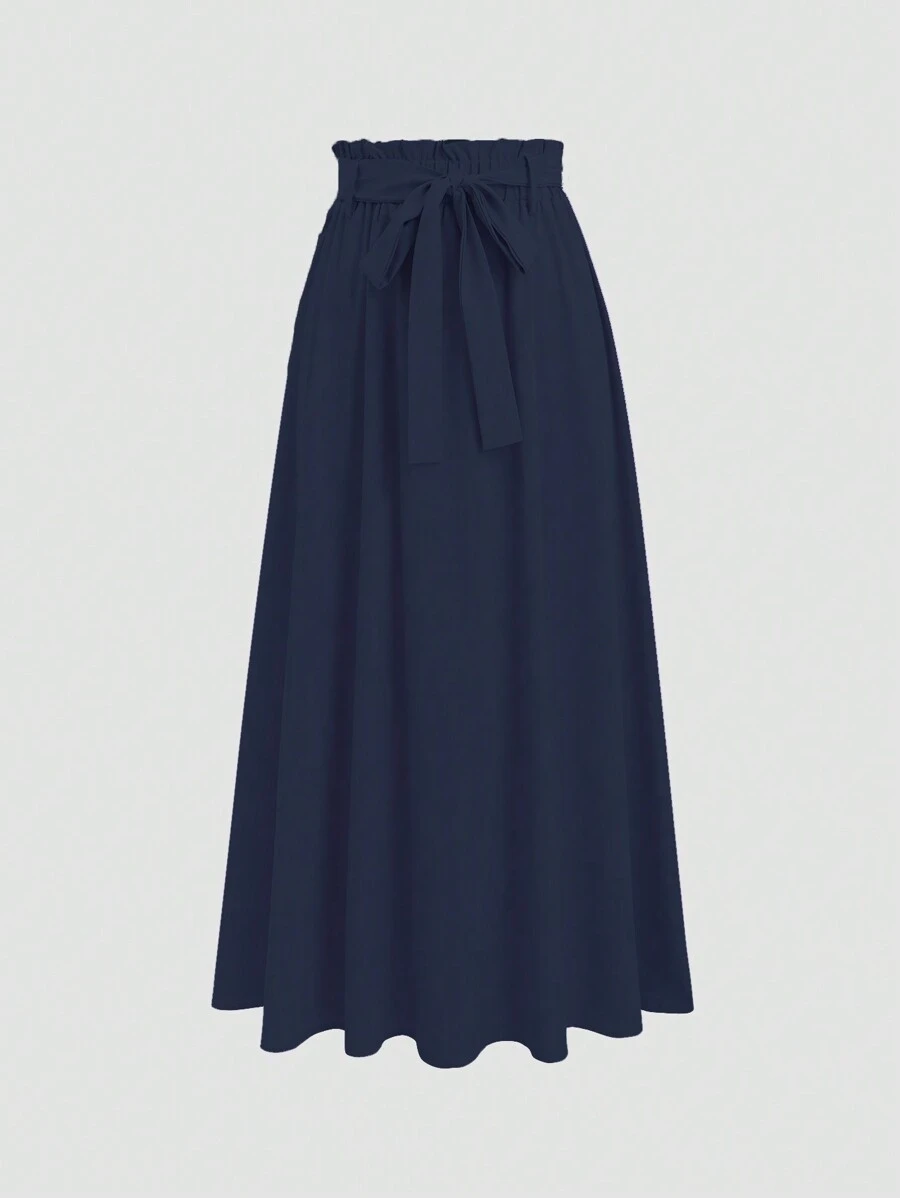 Sweetra Saia Longa Azul Marinho Elegante Feminina de Cintura Franzida com Cinto - Azul Marinho - Visão 1