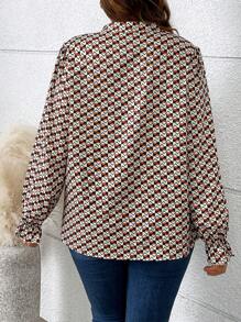 SHEIN LUNE Blusa elegante de manga larga con escote en V y estampado geométrico, para mujer de talla grande, otoño