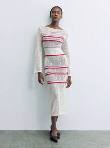 Maija Robe tricotée simple avec col rond, manches longues, rayures contrastées et découpes tendance. Vêtement casual, automne/hiver - Nude - Voir 5