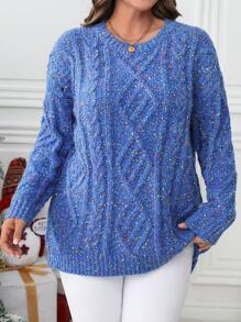 SHEIN LUNE Women's Blue Dotted Knit Oversized Crew Neck Sweater, Casual Thick Pullover Suitable For Halloween, New Year, Valentine's Day, Thanksgiving, Christmas, Easter, National Day, Gala, New Year's Eve
