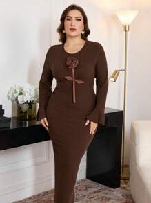 Modelyn Plus Size Elegant Solid Color Ribbed 3D Floral Decor Flare Sleeve Fitted Midi Dress, Spring/Autumn Long Evening Dresses - Coffee Brown - View 6