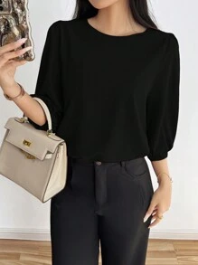 INAWLY Ladies Solid Color Round Neck 3/4 Sleeve Loose Casual Shirt, Autumn