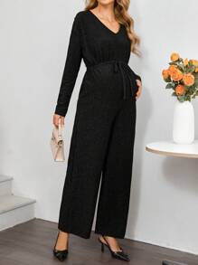 SHEIN Black Elegant V-Neck Long Sleeve Straight Jumpsuit Maternity - Black - View 3