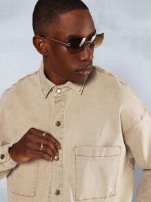 SUMWON Cropped Washed Denim Long Sleeve Shirt With Back Graphic Print - Khaki - View 3