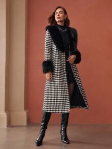 MOTF PREMIUM TWEED HOUNDSTOOTH PRINT CONTRAST FLUFFY BELTED LONGLINE OVERCOAT - Black and White - View 8
