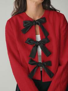 Enchnt 女士蝴蝶结装饰优雅长袖夹克，秋季