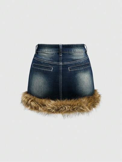 Grunge Punk Jupe en jean mini délavée et déchirée style patchwork années 2000 avec col moelleux pour femmes