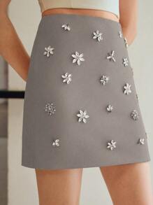 MOTF PREMIUM SOLID RHINESTONE DETAIL SKIRT - Grey - View 1