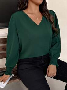 SHEIN Frenchy Plus Size Casual Solid V-Neck Loose Long Sleeve Pullover Blouse