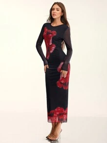 Glamine 1pc Women's Floral Print Backless Tie Back Mesh Floral Print Long Dress With Long Sleeves, Christmas Party Outfit - Red and Black - View 5