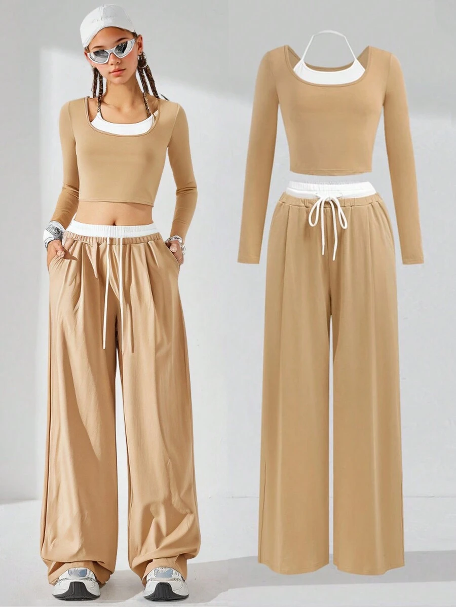 SHEIN Teen Girl's 2pcs/Set Contrast Color Spliced Long Sleeve T-Shirt & Track Pants Activewear Set, Fashionable Street Style For School/Casual - Camel - View 1