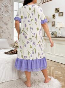CottageSlumber Camisón largo de manga corta con estampado floral, bloques de color y doble volante en el bajo, talla grande, perfecto para vacaciones