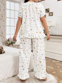 CottageSlumber Conjunto de pijama de top de manga corta con escote en V y pantalones con estampado floral ditsy en tallas grandes