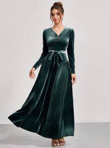 SHEIN Belle Elegantes, modisches Damen Samt Kleid mit tiefem V-Ausschnitt und Drapierung für Partys, Herbst, Abschlussball, Halbformelles Kleid für Geburtstag, Hochzeitsgast, Homecoming, Weihnachten