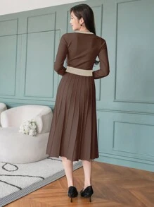 DAZY Vestido suéter largo minimalista con mangas largas, botones frontales y bolsillo falso, ropa de mujer para el otoño