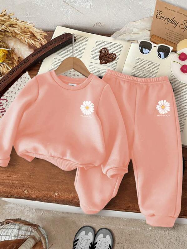 SHEIN Baby Girl Knitted Soft Pullover Thick Hoodie Set, Suitable For Autumn/Winter