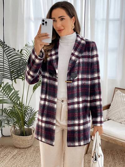 Women's Casual Plaid Shawl Collar Horn Button Coat, Autumn/Winter