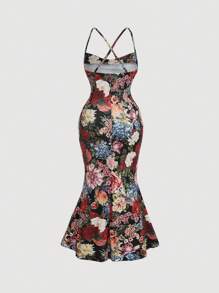 SHEIN MOD Maxikleid mit tiefem drapiertem Ausschnitt, Fischrücken-Schlitz und Vintage-Palast-Stil Muster, Große Größen - Verschiedenfarbig - Übersicht 2