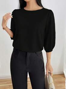 INAWLY Ladies Solid Color Round Neck 3/4 Sleeve Loose Casual Shirt, Autumn