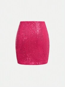 SHEIN 2pcs/Set Teen Girl's Fuchsia Sequin Decorated Elegant Party Crop Top And Mini Skirt Outfit - Hot Pink - View 9