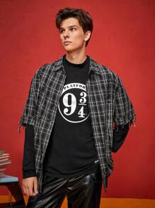 HARRY POTTER X SHEIN Bộ áo thun cổ lọ tay dài in họa tiết đế xuồng cổ điển "9 3/4" cho nam (2 màu) - màu đen - Xem 5