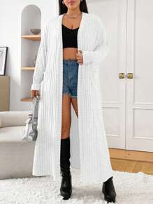 Plus Size Women's Solid Color Long Sleeve Ribbed Pocket Casual Extra Long Cardigan, Autumn - White - View 4
