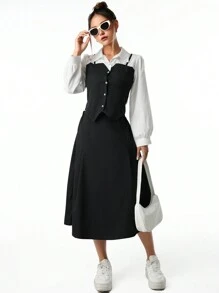 Teen Girls Long Sleeve 2 In 1 Top And Skirt Set, Suitable For Daily Commute, Casual, School And Parties, Autumn