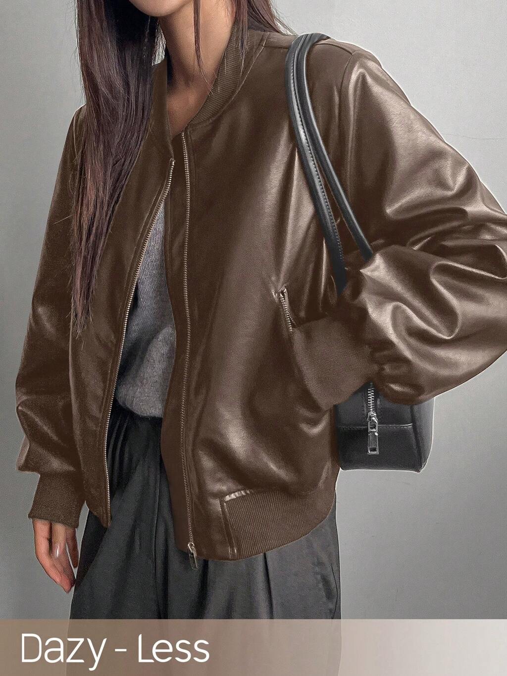 Women's Plain PU Leather Zippered Pocket Long Sleeve Casual Bomber Jacket,Fall Clothes