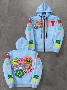 Manfinity EMRG Áo hoodie thêu hoạt hình mặt cười thời trang dạo phố cho nam màu xanh da trời - Màu xanh nhạt - Xem 1