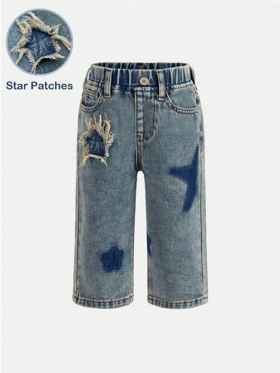 幼儿女宝宝新款时尚星星贴花可爱休闲直筒牛仔裤，适合日常穿着 - 淺色水洗藍 - 查看 1