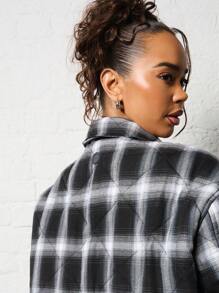 SUMWON WOMEN Premium Quilted Plaid Shacket With Snap Buttons Winter Outerwear Padded Quilted Workwear Shirt Jacket Oversized Casual Street Style Fall Season