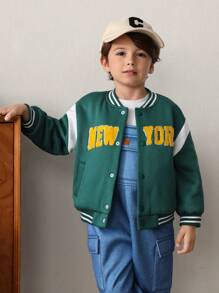 Cozy Pixies Young Girl Letter Print Color Block Casual Knitted Baseball Jacket - Green - View 6