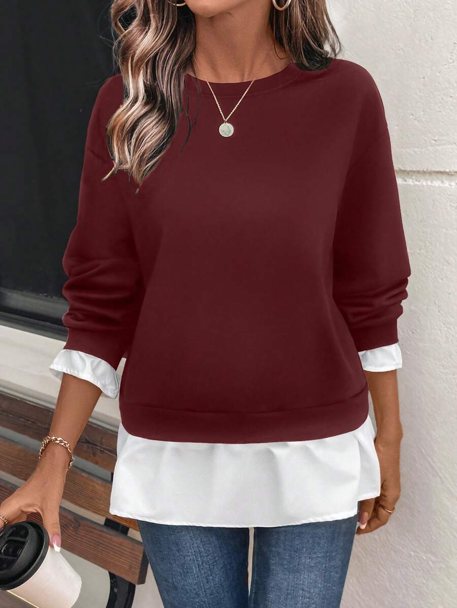 SHEIN LUNE Women's Casual Color Block 2 In 1 Pullover Sweatshirt Fall - Burgundy - View 1