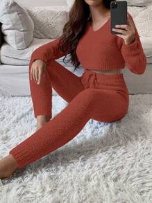 Chiquease Bộ 2 áo len cổ chữ V màu trơn đơn giản cho nữ và quần legging dệt kim, mùa thu/đông - Rỉ Nâu - Xem 3