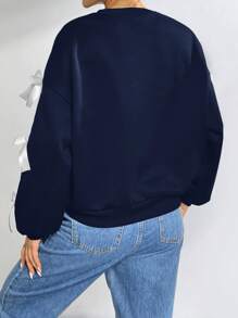 SHEIN EZwear Bowknot Strap Solid Color Round Neck Casual Loose Fit Long Sleeve Sweatshirt In Fall/Winter - Navy Blue - View 2