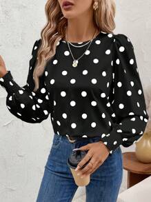 SHEIN Clasi Blusa de manga larga con volantes en el bajo, de estampado de lunares y manga de farol para mujeres - Blanco y Negro - Ver 4