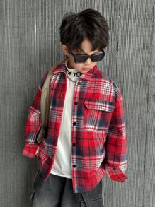 Tween Boy 休闲格子珊瑚色保暖内衬翻领前开宽松厚风衣夹克 - 彩色 - 查看 2