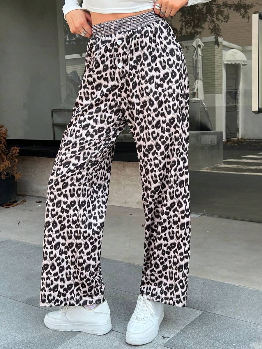 INAWLY Women's Front Button Closure Leopard Print Casual Pants - Multicolor - View 1